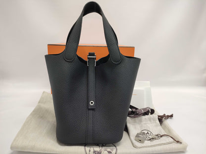 HERMES Picotin Lock 18 PM Taurillon Clemence Leather Handbag in Black with Silver Hardware and K Stamp