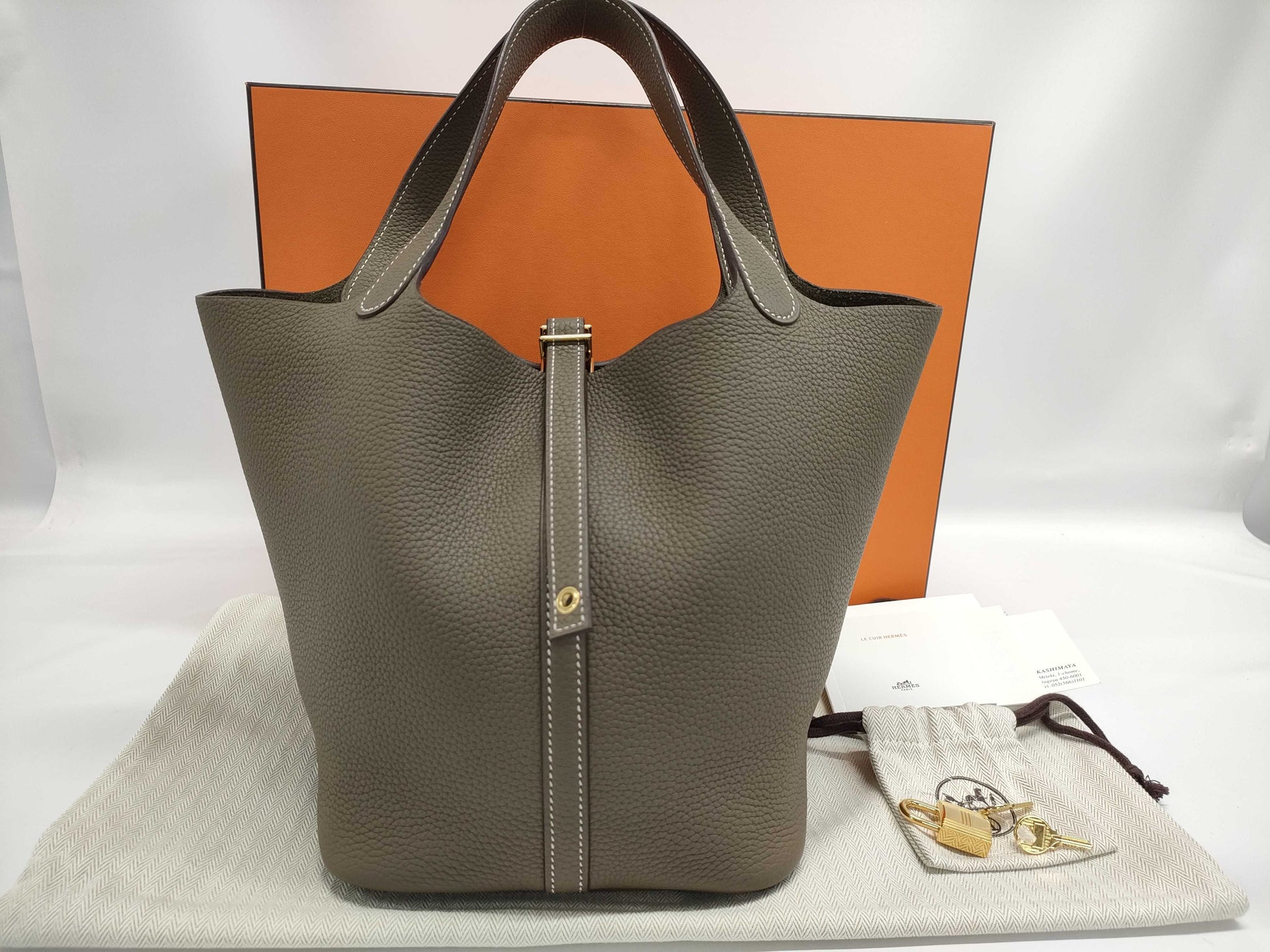 HERMES Picotin Lock MM Taurillon Etoupe Gold Hardware D Stamped Handbag