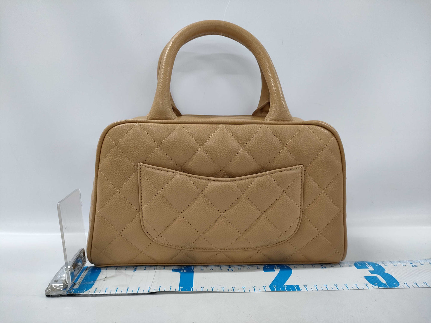 CHANEL Mini Boston Bag A20996 Leather Women's Handbag, Size 8, Caviar Skin, Bowling Pattern, Beige