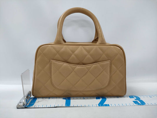CHANEL Mini Boston Bag A20996 Leather Women's Handbag, Size 8, Caviar Skin, Bowling Pattern, Beige
