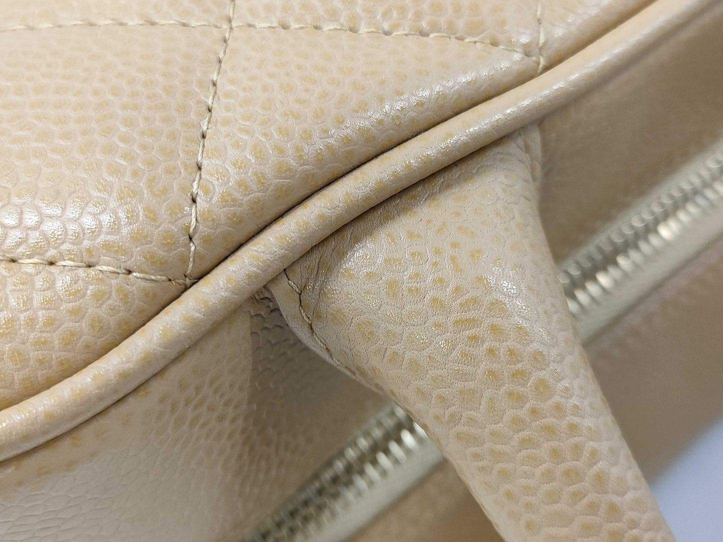 CHANEL Mini Boston Bag A20996 Leather Women's Handbag, Size 8, Caviar Skin, Bowling Pattern, Beige