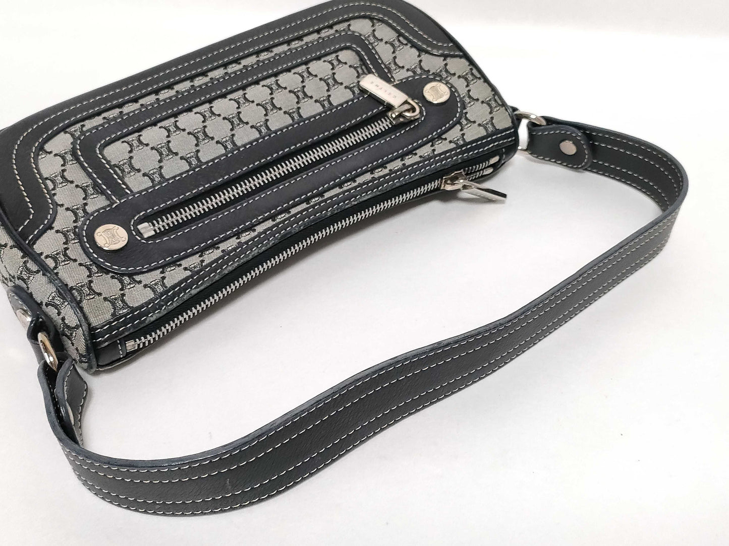 CELINE One-Shoulder Bag, Canvas Shoulder Bag, Women's, Macadam, Gray, Black Leather, Accessory Pouch, Handbag, Shoulder Bag