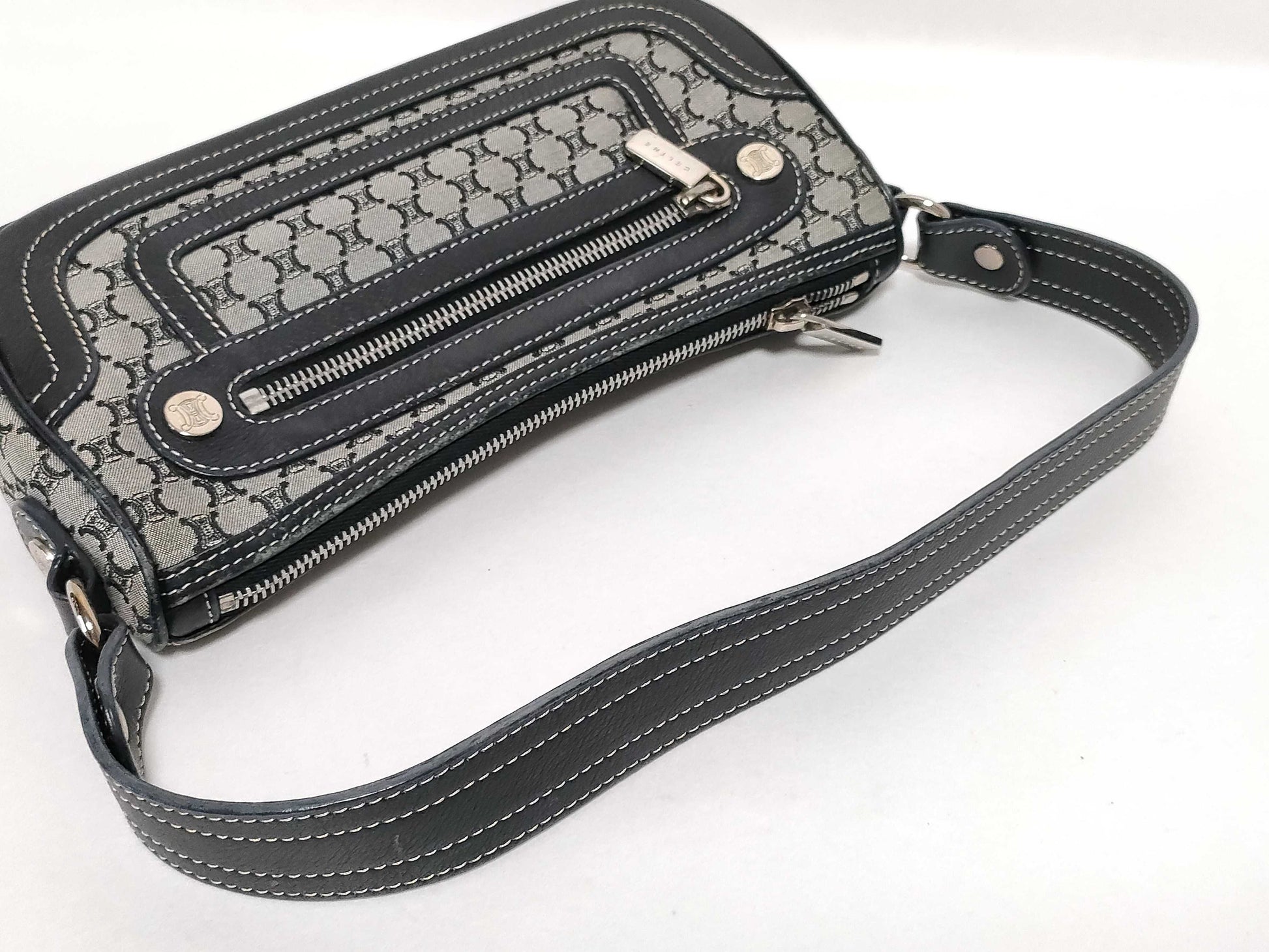 CELINE One-Shoulder Bag, Canvas Shoulder Bag, Women's, Macadam, Gray, Black Leather, Accessory Pouch, Handbag, Shoulder Bag