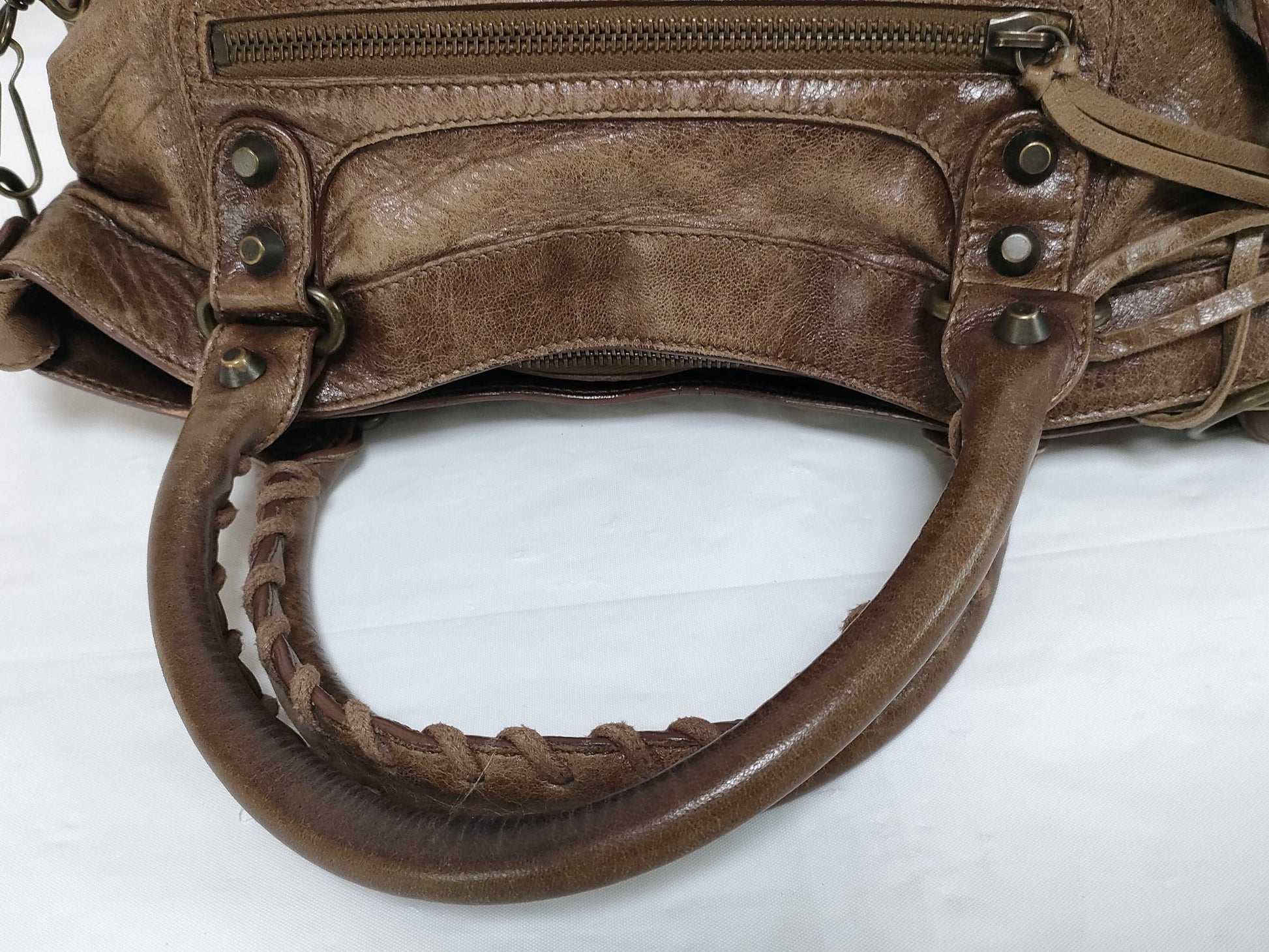 BALENCIAGA City 2-Way Handbag with Long Strap, Brown, Mirrored