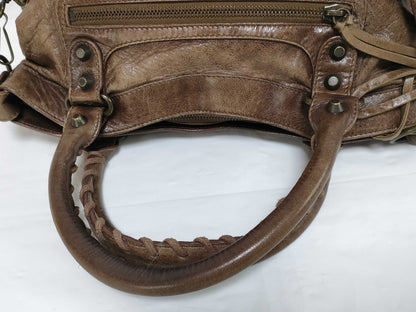 BALENCIAGA City 2-Way Handbag with Long Strap, Brown, Mirrored