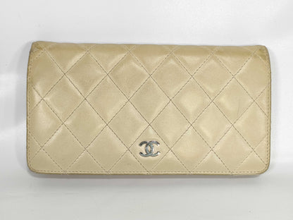 CHANEL Matelasse Coco Mark Silver Lambskin Leather Long Wallet