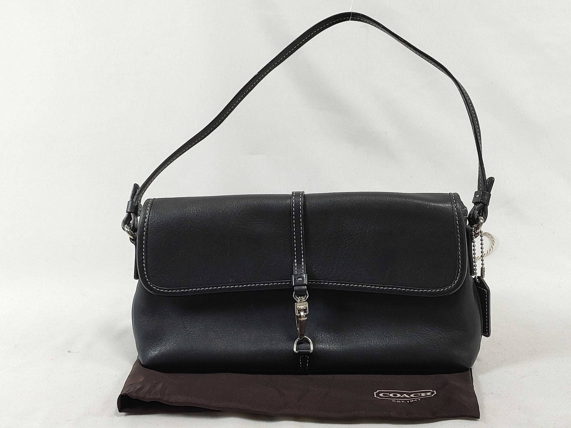 COACH Black Leather Handbag with Dust Bag and Logo Charm