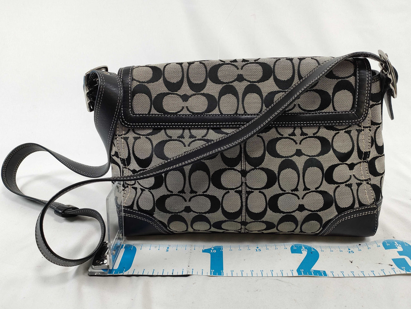 COACH Signature Shoulder Bag in Canvas and Leather with Black Turn Lock and Card and Logo Charm