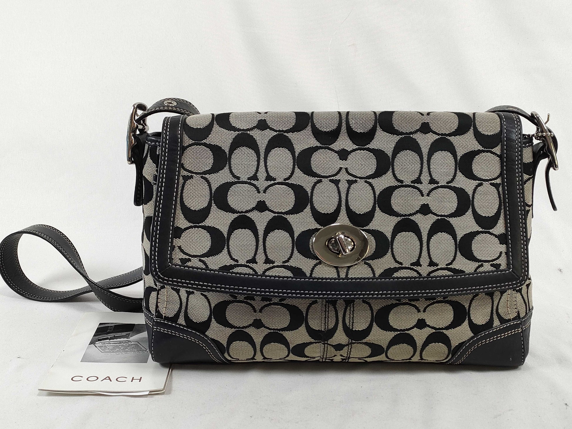 COACH Signature Shoulder Bag in Canvas and Leather with Black Turn Lock and Card and Logo Charm