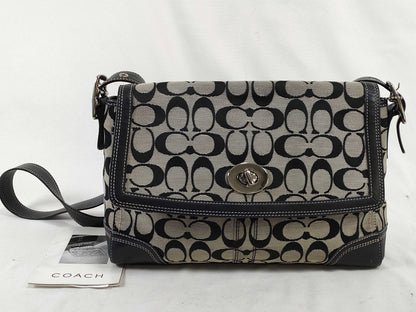 COACH Signature Shoulder Bag in Canvas and Leather with Black Turn Lock and Card and Logo Charm