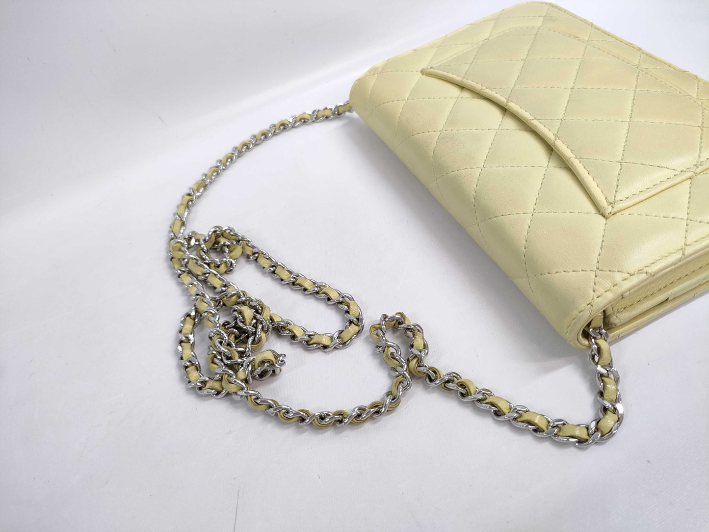CHANEL Chanel Lambskin Chain Wallet Yellow with Serial Plate and Silver Hardware Shoulder Bag