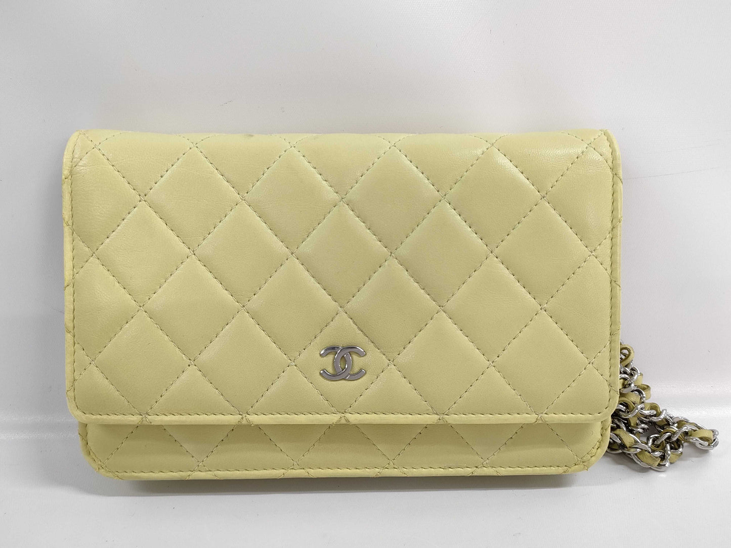 CHANEL Chanel Lambskin Chain Wallet Yellow with Serial Plate and Silver Hardware Shoulder Bag