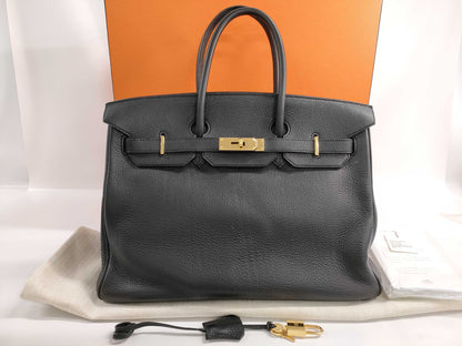 HERMES Birkin 35 Taurillon Clemence Leather Handbag with Gold Hardware, Black, K Stamp