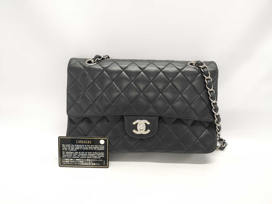 CHANEL Matelasse 25 Black Lambskin Shoulder Bag with Silver Hardware, Chain, Double Flap, Size 13