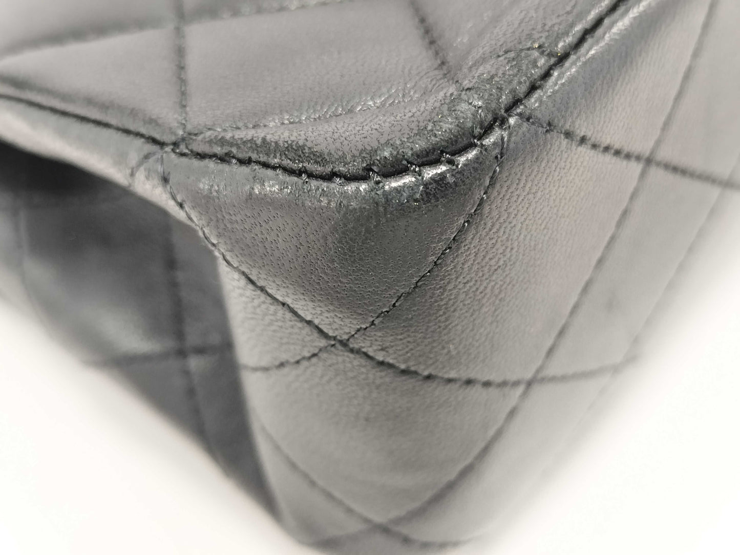 CHANEL Matelasse 25 Black Lambskin Shoulder Bag with Silver Hardware, Chain, Double Flap, Size 13