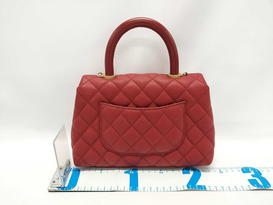 CHANEL Coco Handle Small Matelasse A92990 Red Caviar Leather with Gold Hardware and Chain, 27 Series Handbag