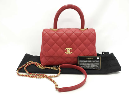 CHANEL Coco Handle Small Matelasse A92990 Red Caviar Leather with Gold Hardware and Chain, 27 Series Handbag