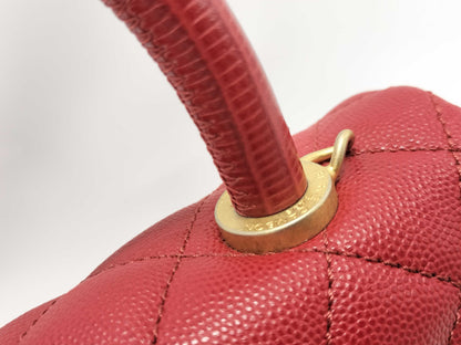 CHANEL Coco Handle Small Matelasse A92990 Red Caviar Leather with Gold Hardware and Chain, 27 Series Handbag