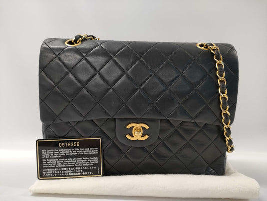 CHANEL Matelasse Lambskin Double Flap Double Chain Bag in Black with Gold Hardware, 0979356, 0 Series Shoulder Bag