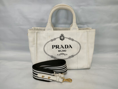 PRADA Canapa Canvas 2-Way Handbag White
