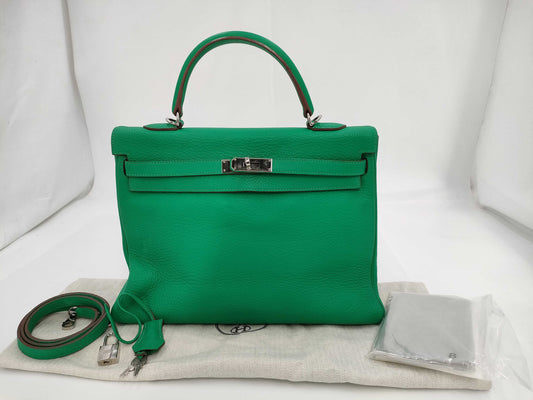 HERMES Kelly 35 Taurillon Clemence Leather, Green, 2-Way, P Stamp, Inner Stitching, Handbag