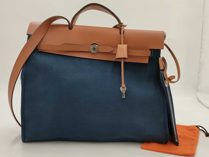 HERMES Toile Officier Leather Hand Shoulder Bag with Zip Pouch, O Stamped