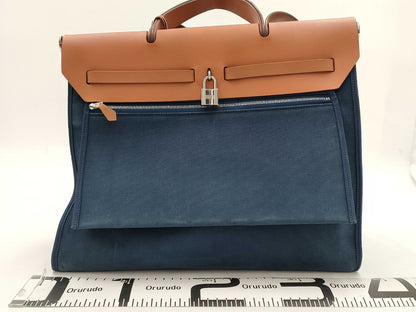 HERMES Toile Officier Leather Hand Shoulder Bag with Zip Pouch, O Stamped