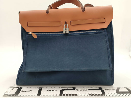 HERMES Toile Officier Leather Hand Shoulder Bag with Zip Pouch, O Stamped