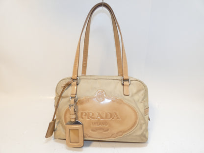 PRADA Logo Jacquard Nylon Leather Hand Boston Bag