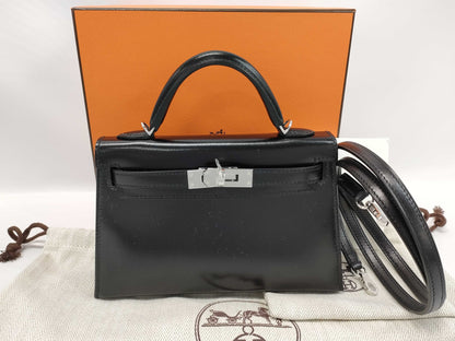 HERMES Mini Kelly 2 Box Calf Leather Black with Silver Hardware, K Stamped Bag