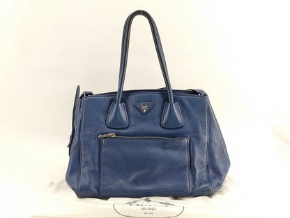 PRADA Vitello Dino Leather 2-Way Handbag BN2795 Blue Accessories: Dust Bag, Shoulder Strap, Tote Bag