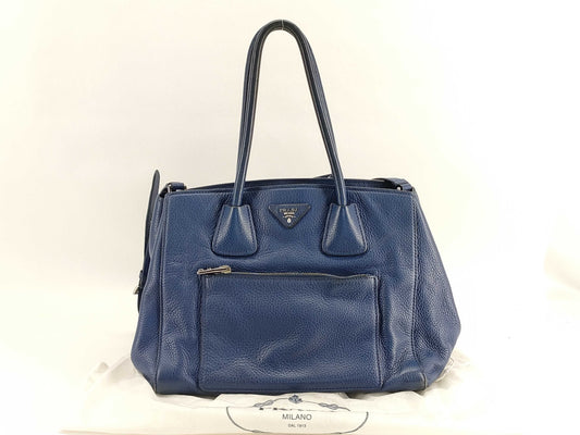 PRADA Vitello Dino Leather 2-Way Handbag BN2795 Blue Accessories: Dust Bag, Shoulder Strap, Tote Bag