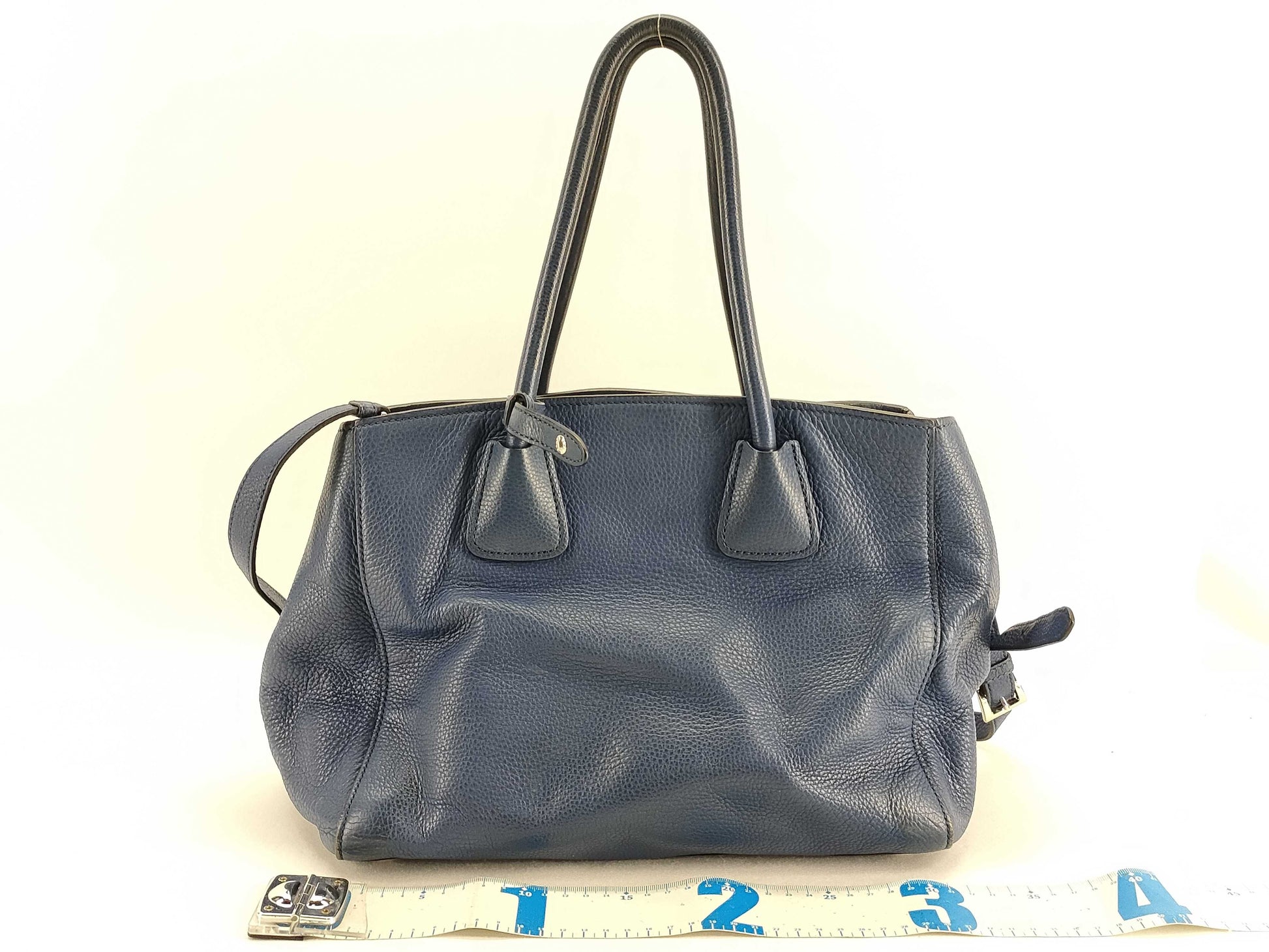 PRADA Vitello Dino Leather 2-Way Handbag BN2795 Blue Accessories: Dust Bag, Shoulder Strap, Tote Bag