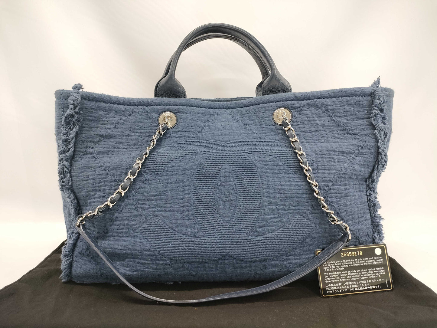 CHANEL CHANEL Tote Bag Navy Cotton x Leather Chain Shoulder/2-Way Tote Bag