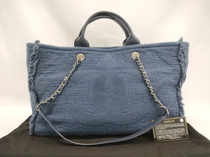 CHANEL CHANEL Tote Bag Navy Cotton x Leather Chain Shoulder/2-Way Tote Bag