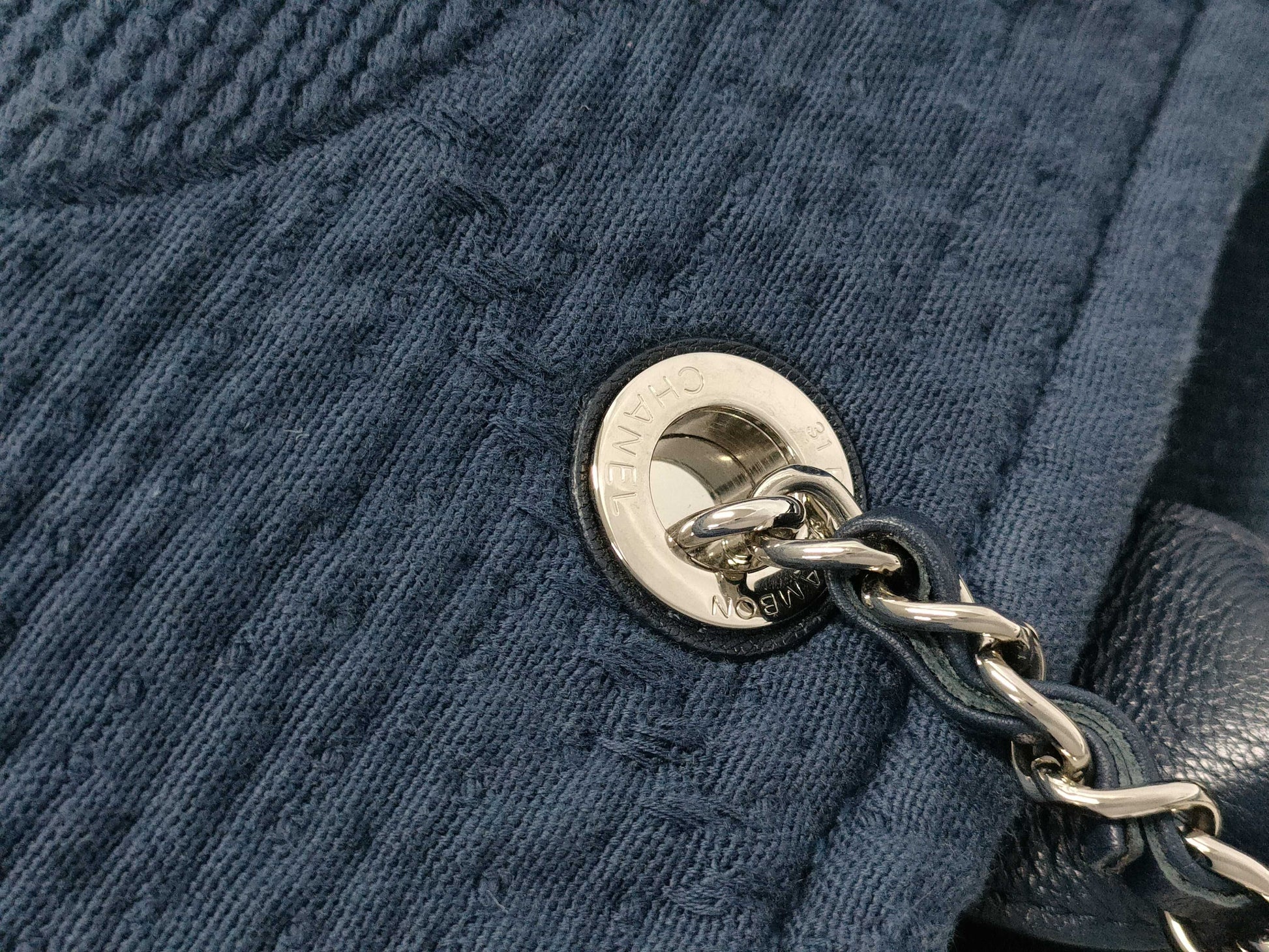 CHANEL CHANEL Tote Bag Navy Cotton x Leather Chain Shoulder/2-Way Tote Bag