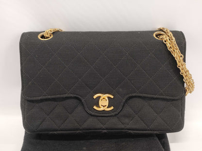 CHANEL CHANEL Double Flap Matelasse Shoulder Bag, Black Cotton, Double Flap / Mademoiselle Chain Shoulder Bag