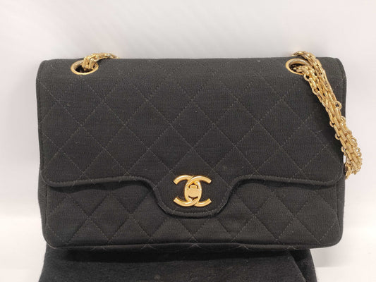 CHANEL CHANEL Double Flap Matelasse Shoulder Bag, Black Cotton, Double Flap / Mademoiselle Chain Shoulder Bag