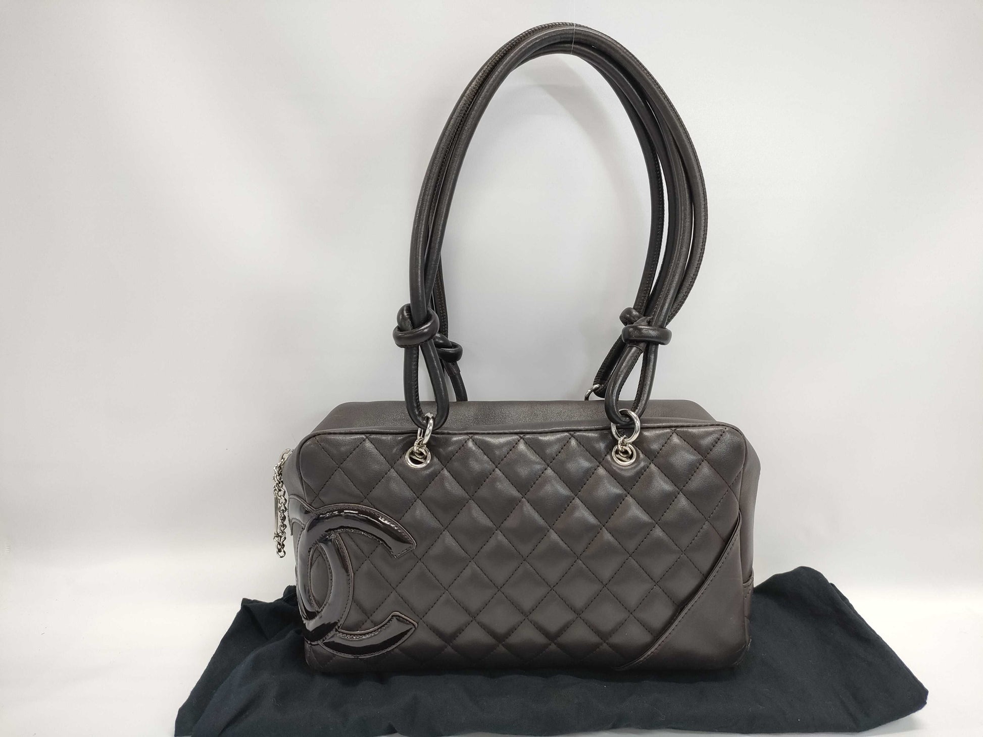 CHANEL Cambon Line Bowling Shoulder Bag A25171 Dark Brown Lambskin and Patent Leather Shoulder Bag