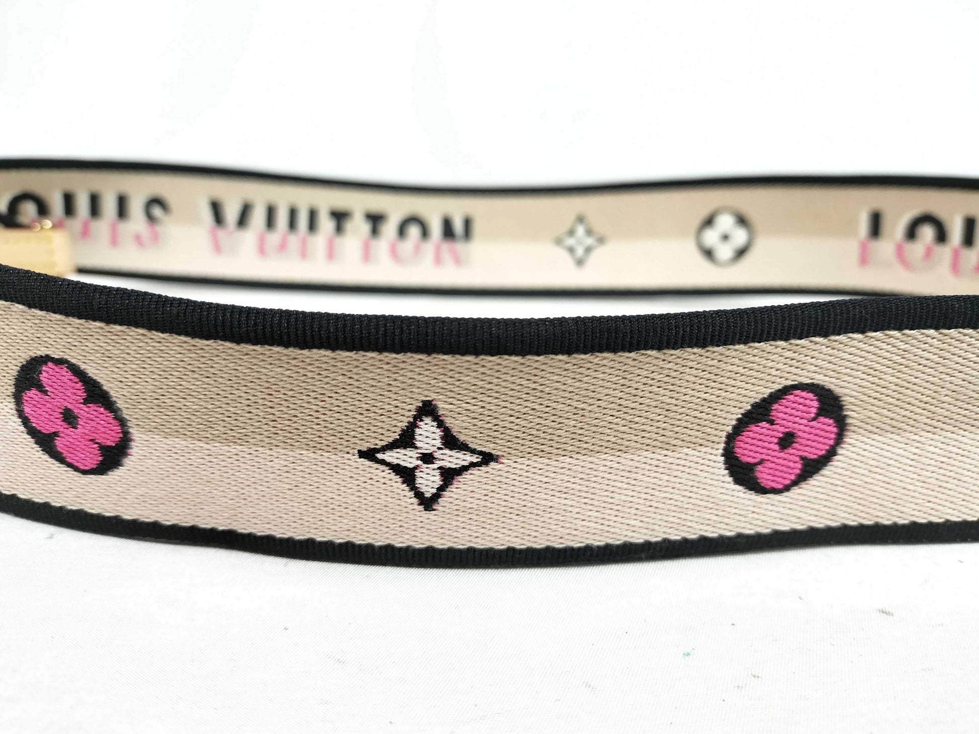 LOUIS VUITTON Signature Strap, Beige/Black/Pink, Signature Canvas with Gold Hardware