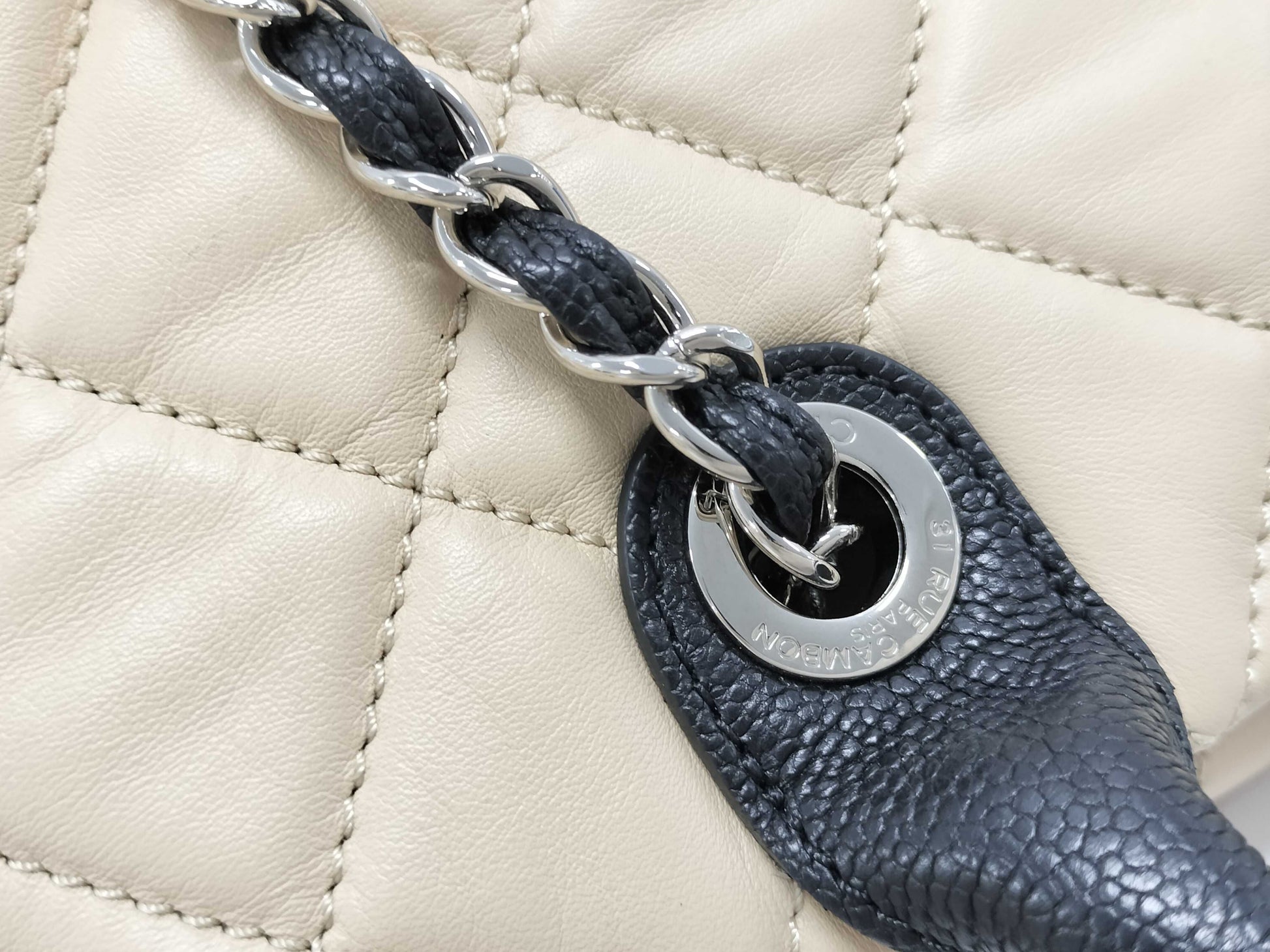 CHANEL Drawstring Shopping Tote, Beige/Black Quilted Lambskin Leather with Silver Hardware