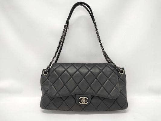 CHANEL Timeless Jumbo Trio Dark Blue Lambskin Quilted Leather Shoulder Bag with Silver Hardware