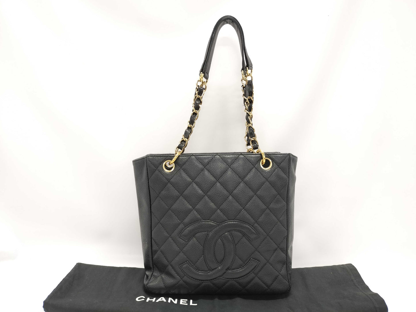 CHANEL CC Petite Shopping Tote in Black Caviar Leather with Silver Hardware