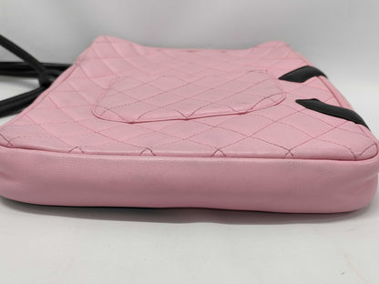 CHANEL Cambon Ligne Crossbody Shoulder Bag in Pink and Black with Quilted Design and Silver Hardware