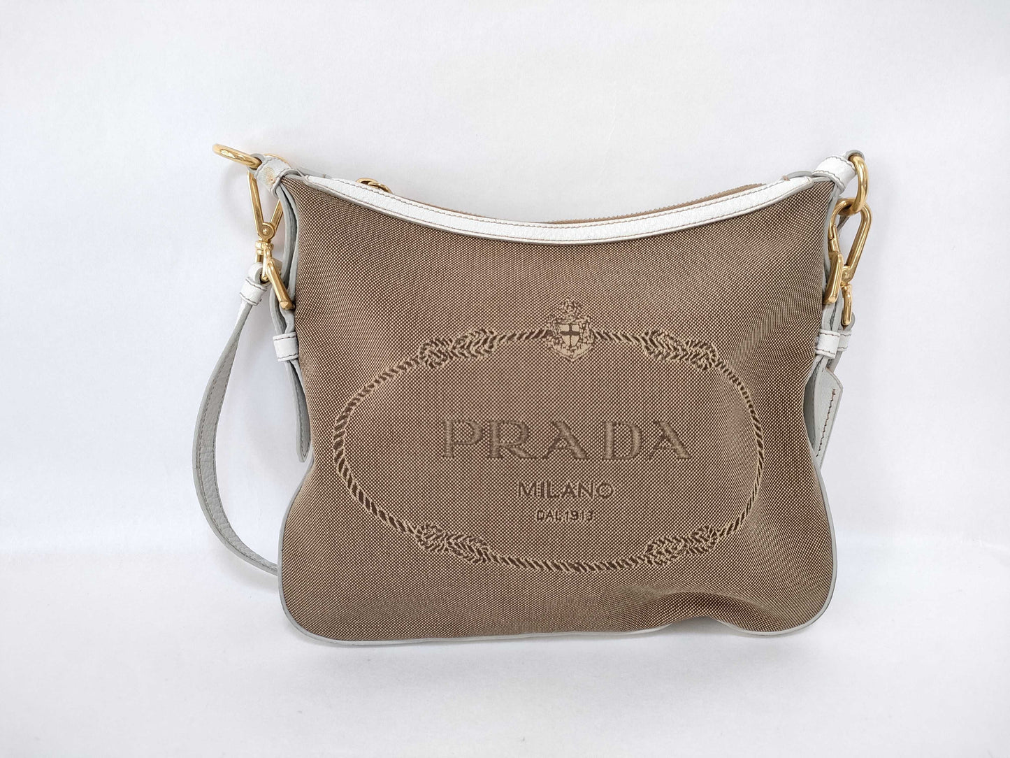 PRADA Prada Front Logo Crossbody Shoulder Bag in Beige Canvas with Gold Hardware