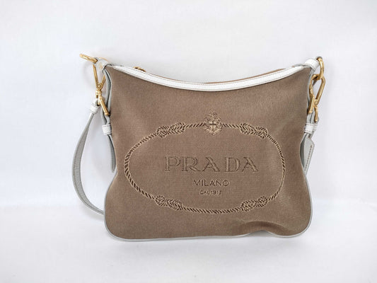 PRADA Prada Front Logo Crossbody Shoulder Bag in Beige Canvas with Gold Hardware