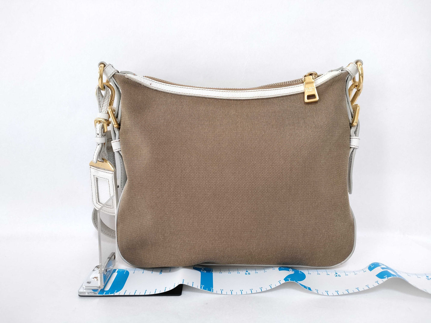 PRADA Prada Front Logo Crossbody Shoulder Bag in Beige Canvas with Gold Hardware