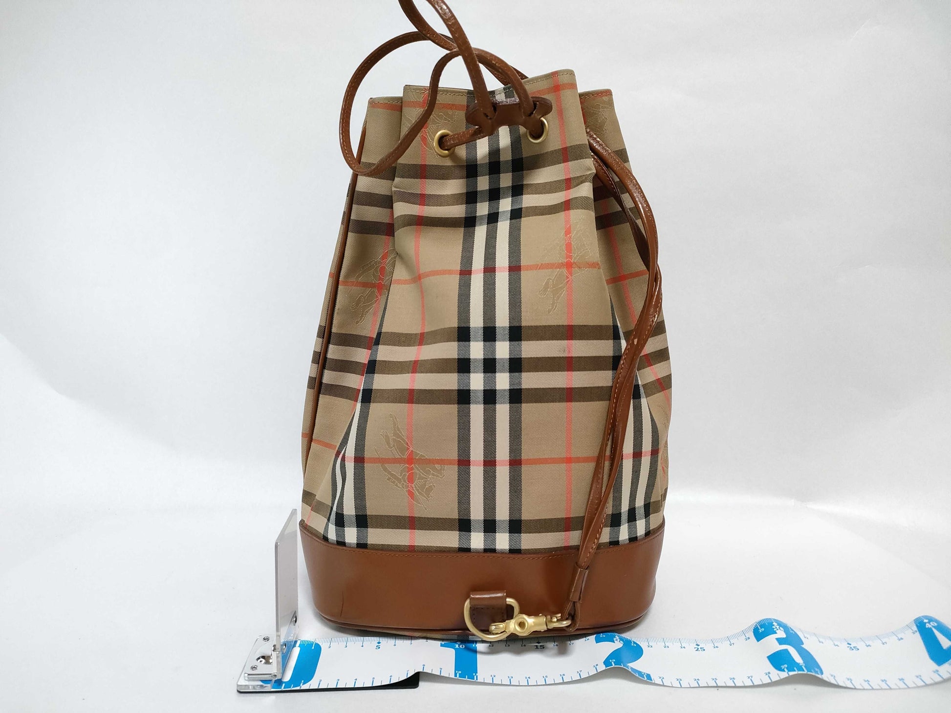 Burberry Drawstring Bag, Beige/Brown House Market Check Canvas with Gold Hardware, Shoulder Bag