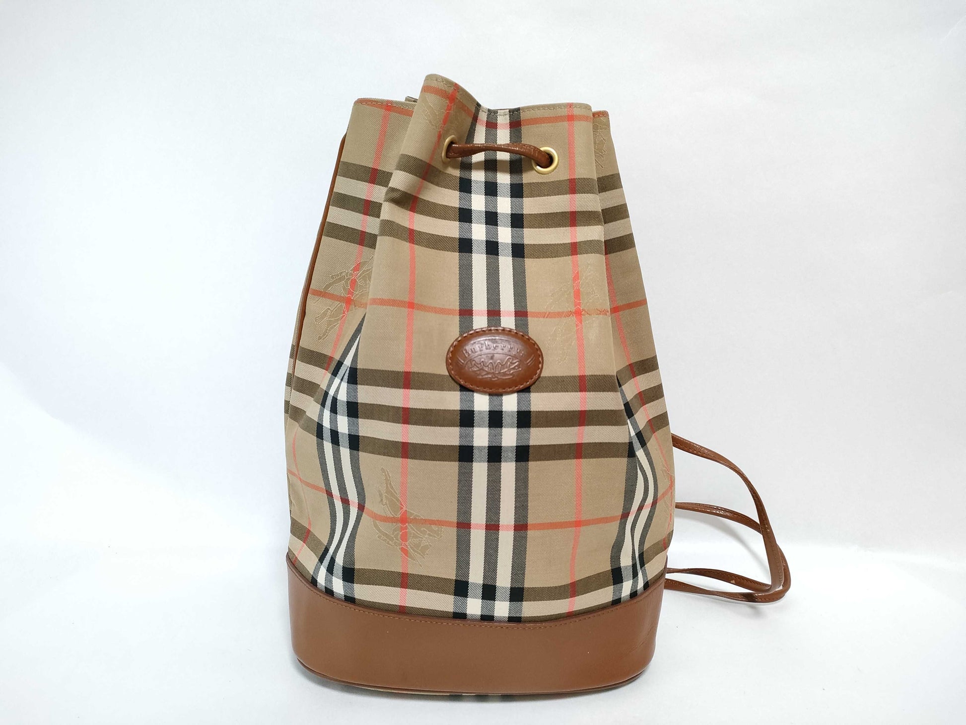 Burberry Drawstring Bag, Beige/Brown House Market Check Canvas with Gold Hardware, Shoulder Bag