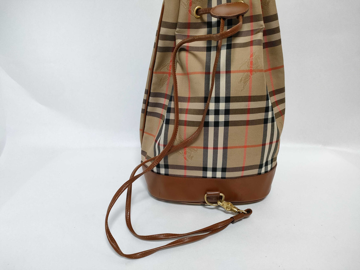 Burberry Drawstring Bag, Beige/Brown House Market Check Canvas with Gold Hardware, Shoulder Bag